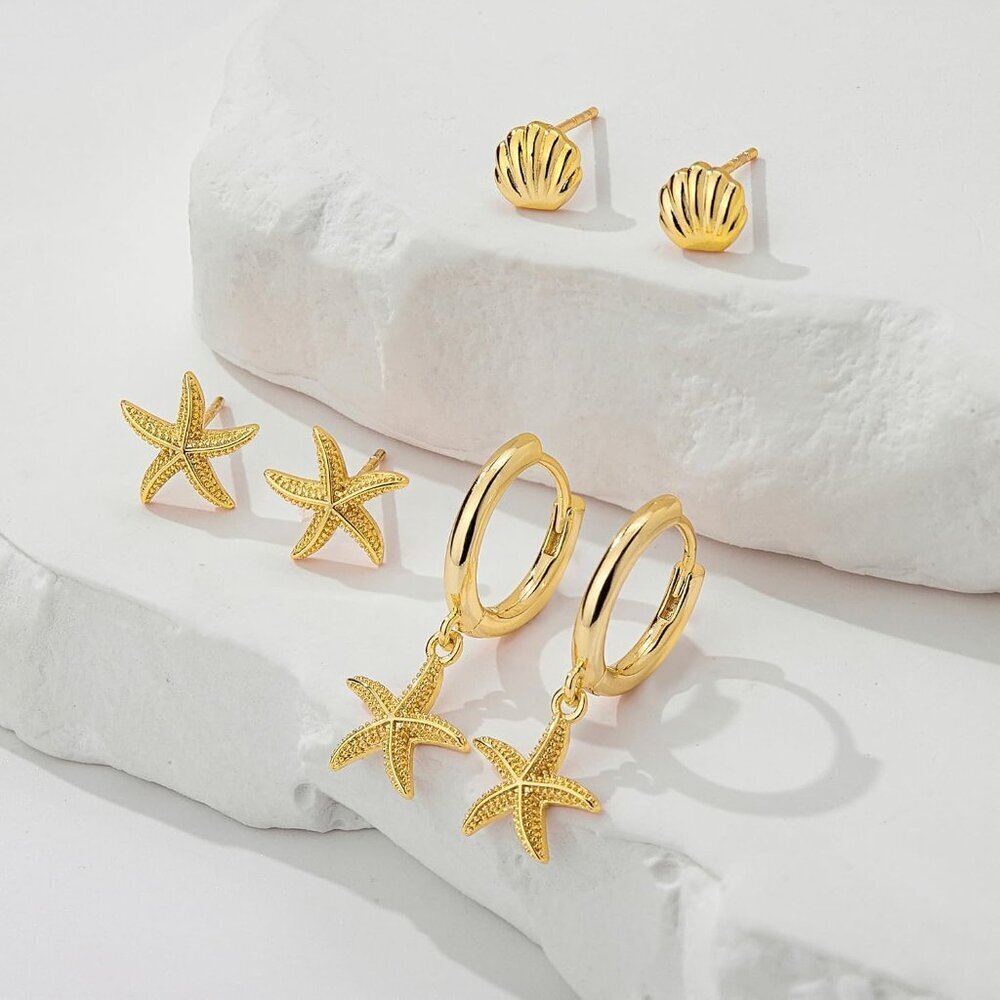 3 Pairs Gold Dangle Earrings Set for Women Seashell Starfish Cross Stud Hoop Jew - Picture 8 of 8